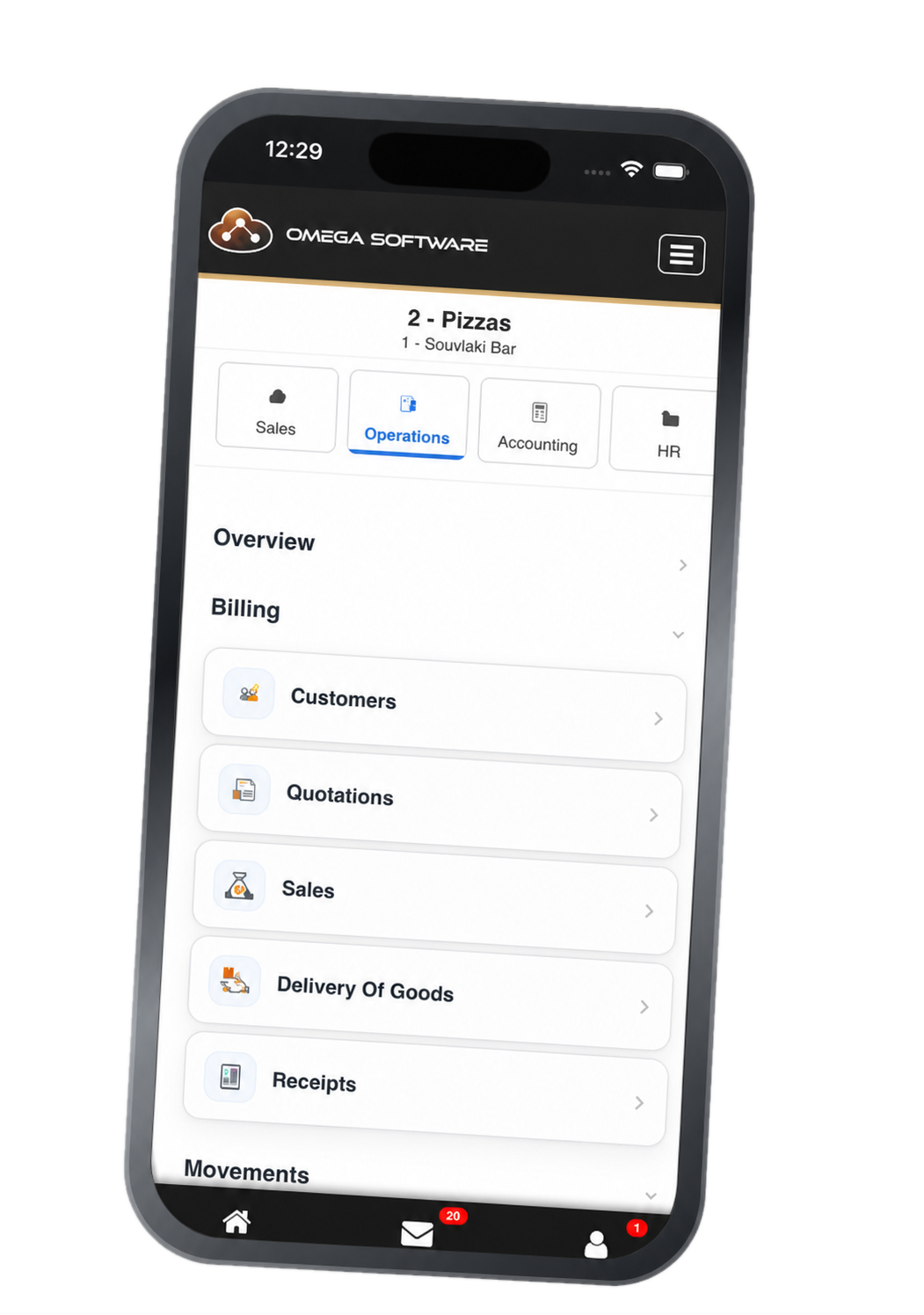 Omega ERP mobile app showing operations, billing, customers and quotations
