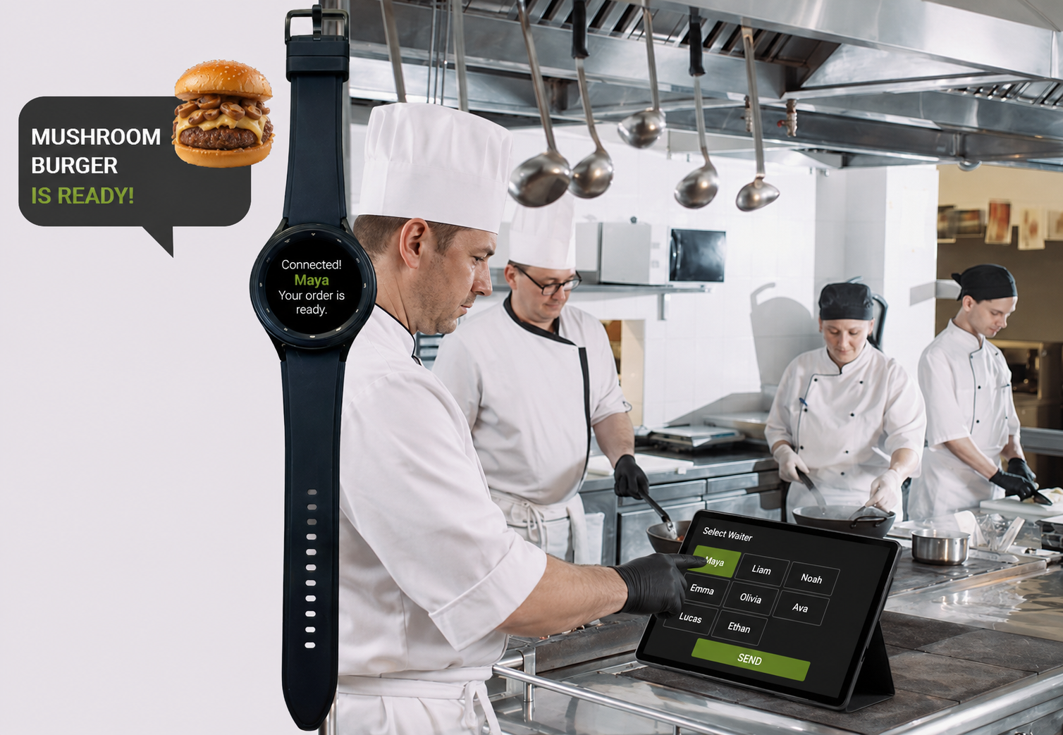 Chef selects waiter name on tablet to send order ready alert | Omega Software
