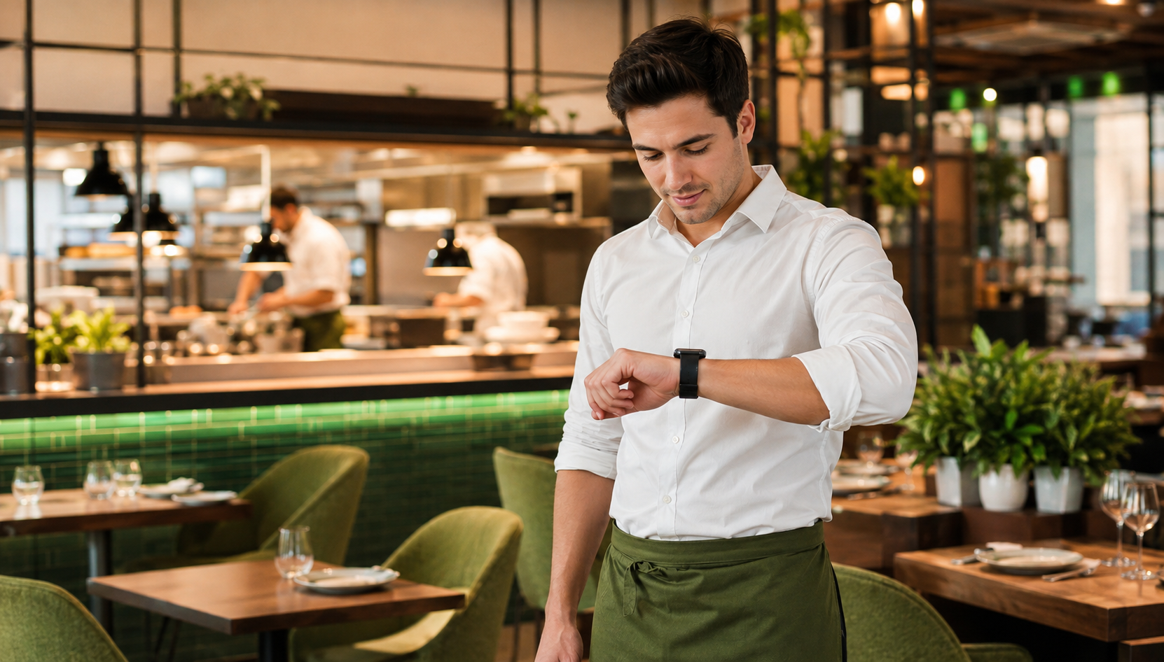 Waiter receives guest request on watch inside restaurant | Omega Software